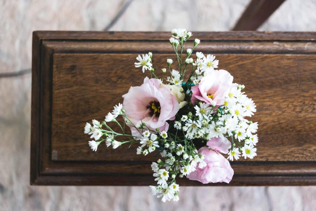 Flower bouquet on casket